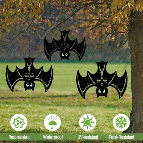 Outdoor Halloween Metal Bat Decorations Set with Glowing Eyes - 3 Pack