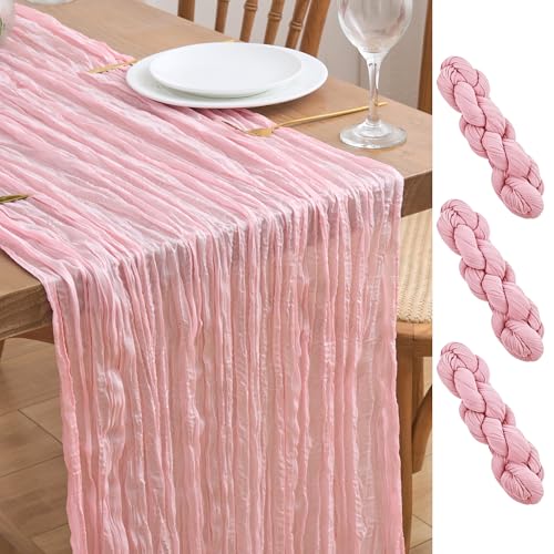 3 Pack Blush Pink Cheesecloth Table Runners - 10FT Boho Rustic Decor