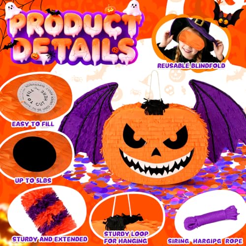Halloween Pumpkin Bat Piñata Set with Stick, Blindfold & Confetti – Kids Party Decor & Trick-or-Treat Favors - Variation of THIS listing