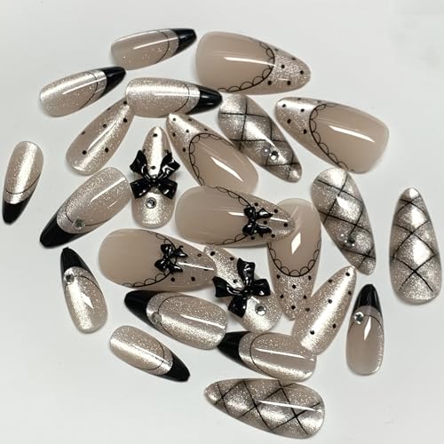 BABALAL Medium Almond Fake Nails Set with French Tips & Cat Eye Bling - Variation CNF001-01