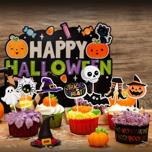 Halloween Cupcake Toppers - 80 Pcs Spooky Haunted House Party Cake Decorations - Variation: Halloween