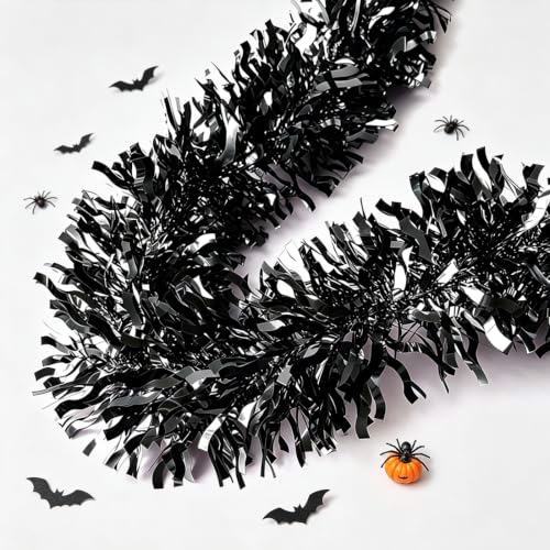 Black Christmas Tinsel Garland - 33FT Shiny Metallic Wavy Foil Decor