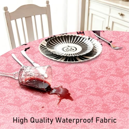 Elegant Pink Halloween Round Tablecloth 60 Inch Waterproof Spooky Decorations