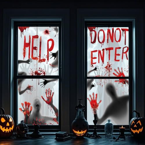 Halloween Decorations Stickers Set with Door Cover & Window Decals - Bloody Handprints & Footprints