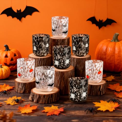 Halloween Icon Juice Glasses Set - Pumpkin, Bat, Ghost, Spider - 8 Pcs, 14oz