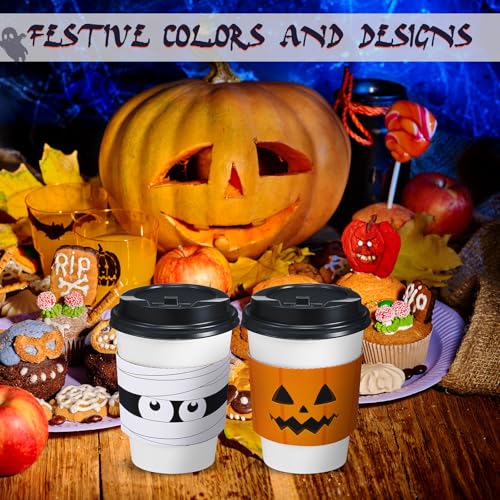 Halloween Coffee Cups with Lids & Sleeves - 50 Pack, Classic Pattern, 12 oz, Halloween Theme