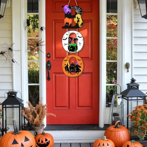 Halloween Wooden Door Sign Decorations - Spooky Witch Sisters, Bat & Cauldron Wall Plaque Set