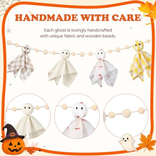 7 ft Halloween Ghost Banner Garland with Fabric Ghosts & Wooden Beads - Festive Home Decor