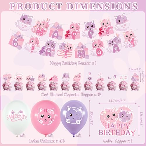 Cat Birthday Party Decorations Set with Banner, Cake Toppers, Balloons & Ribbons
