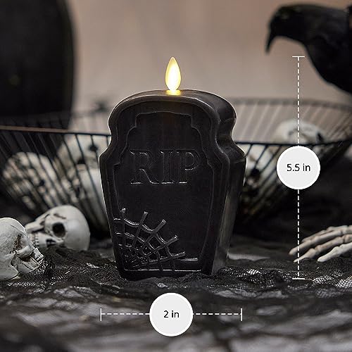 Small Black Flameless RIP Tombstone Candle - Halloween Decor, Moving Flame LED Light