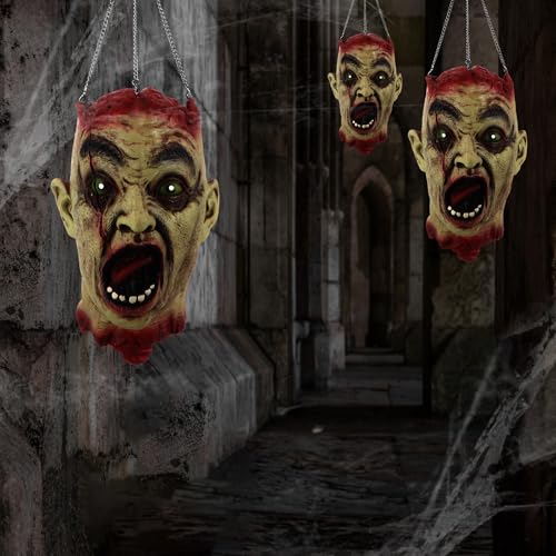 Halloween Zombie Head Hanging Decoration with Glowing Eyes, Spooky Horror Prop - Set of 3