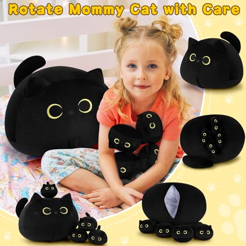 Black Cat Plush Family Set - 19-Inch Mommy with 4 Kittens, Cute Kids & Adults Gift
