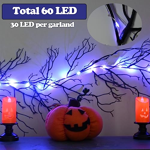 12 FT Black Twig Garland with Timer & Purple LED Lights – Halloween Decor 2 Pack