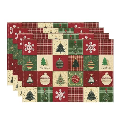 Christmas Placemats Set of 4 - Red Rectangular 12x18 Inch Holiday Table Decor
