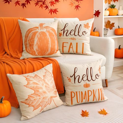 Fall Pillow Covers 18x18 Inch Set of 4 Autumn Harvest Decorations - Beige Maple Variation