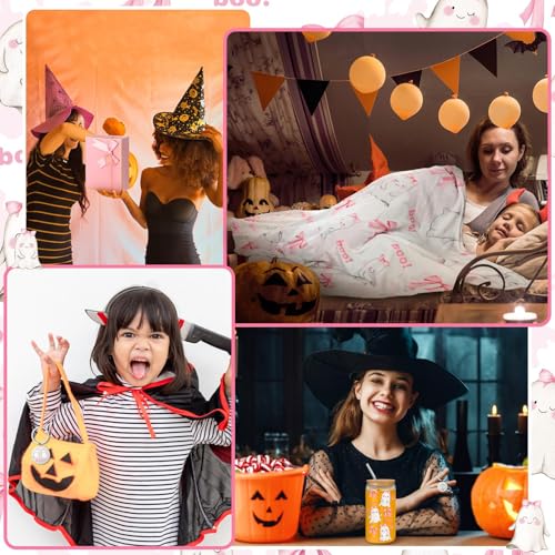 Halloween Ghost Gift Set with Pink Bow Glass Cup Blanket & Keychain - For Women