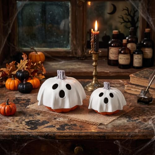 Halloween Ghost Pumpkin Decor Set - 7" & 6" Resin Figurines, Spooky Holiday Centerpieces