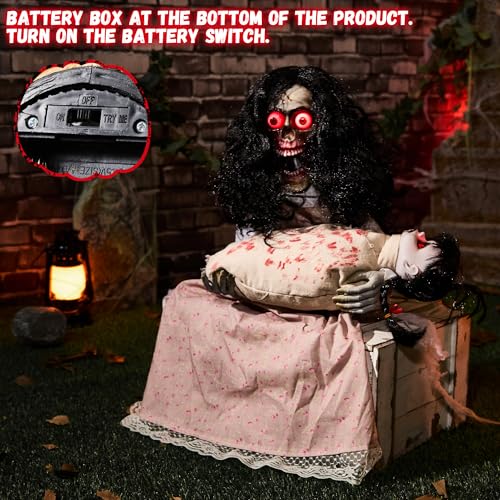 Animatronics Sitting Skeleton & Doll Halloween Decor - Sound & Light Up Eyes