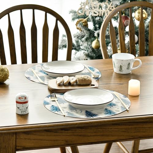 14-Inch Blue Xmas Round Placemats Set of 4 - Winter Dining Table Decor