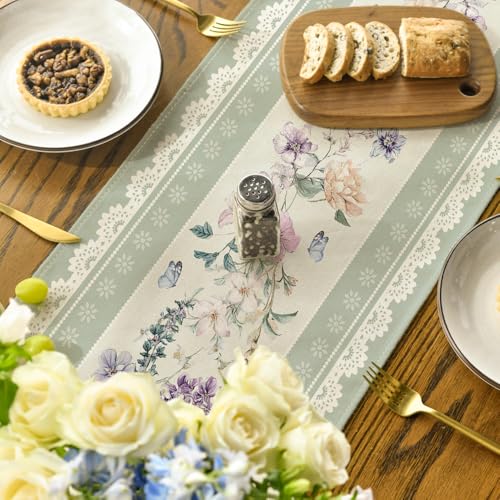 Green Printed Lace Floral Table Runner 13x72 Inch Summer Kitchen Decor