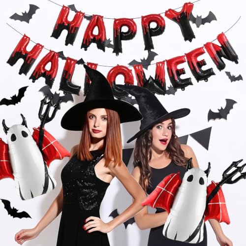 Red Halloween Balloons Banner Set with Bat and Ghost Stickers - Indoor Outdoor Party Decorations