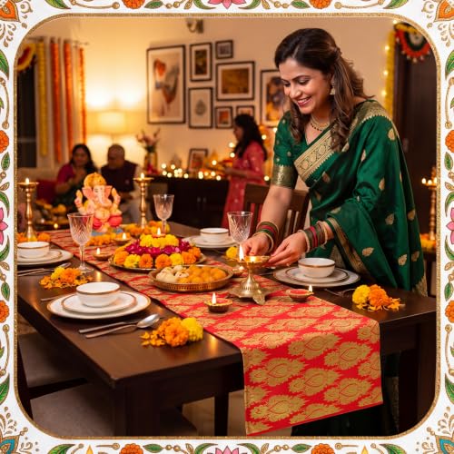 Diwali Themed Linen Table Runner Set - 4 Piece Indian Celebration Decor