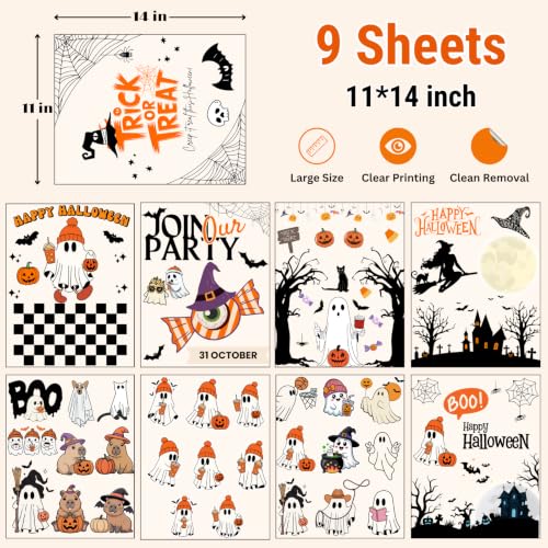 Halloween Window Stickers Set - 9 Sheets 11x14 Inch Ghost Pumpkin Bats Decor