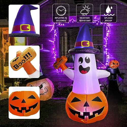 5FT Halloween Inflatable Pumpkin Ghost with Multi-Color Flashing LED Yard Decor