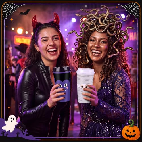 Halloween Reusable Coffee Cups with Lid - 12 Pack, 16 oz, Ghost & Monster Design - Grimace Variation