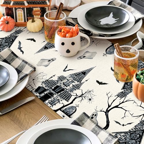 Artscope Haunted House Tree Ghost Halloween Table Runner - Black White 16x72 Inch