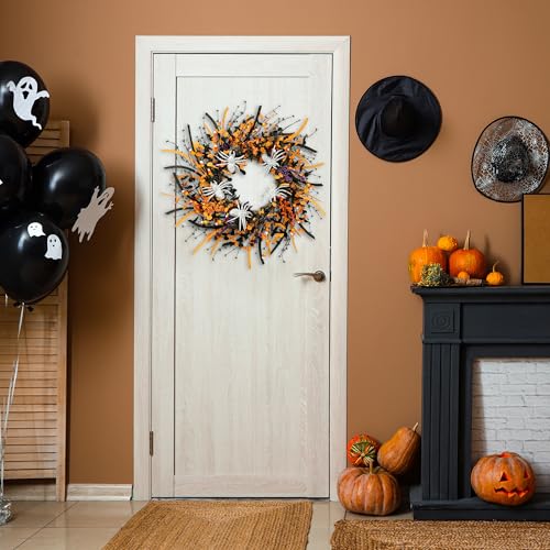 Halloween Wreath 23 Inch Artificial Spider Front Door Decoration - Black