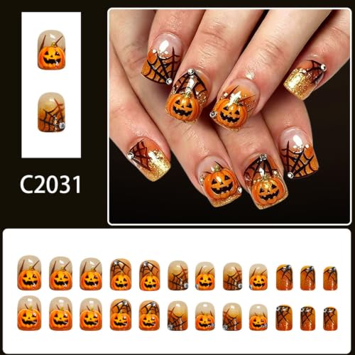 Halloween Press-On Nails Short Square with 3D Pumpkin Spider Web Glitter Rhinestone Designs, Orange & Black, 24Pcs