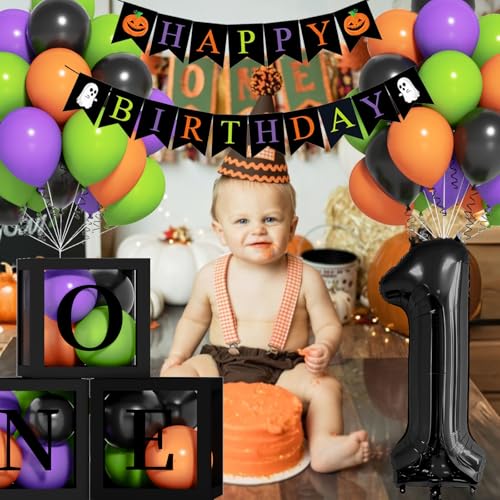 Halloween First Birthday Balloon Set with Number 1 Foil Balloon Banner and Colorful Balloons - Black, Orange, Purple, Green - Variation: Black Green Purple Orange