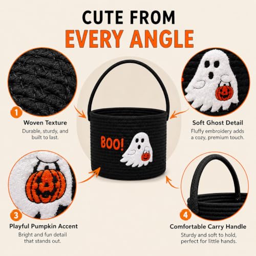 Halloween Ghost Basket Trick or Treat Candy Bucket - Black Boo Variation