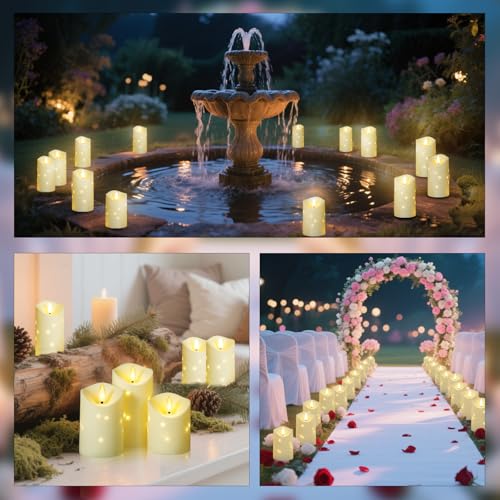 Outdoor Waterproof Flameless Candles Set - 3 LED Pillar Candles with Star String, Remote & Timer - Ivory, D 3.25"xH 4-6"