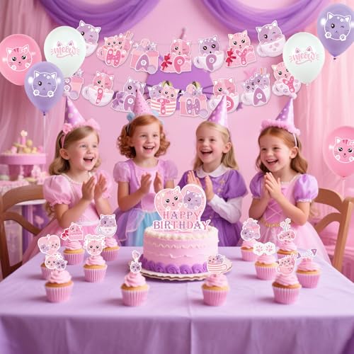 Cat Birthday Party Decorations Set with Banner, Cake Toppers, Balloons & Ribbons