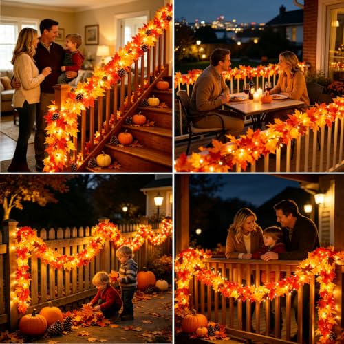 2Pack Fall Garland with Lights 9Ft Lush Leaves Connectable Outdoor Indoor Decor