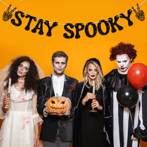 Halloween Banner Stay Spooky Skeleton Peace Sign Glitter Decor - Black