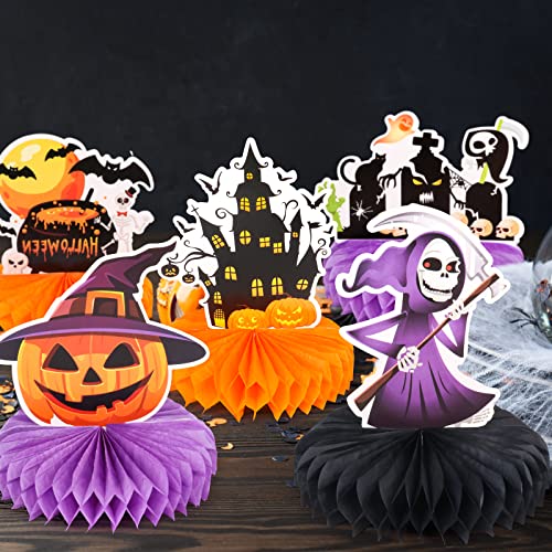 Halloween Table Centerpieces Set - 9 Honeycomb Decorations with Pumpkin Ghost Skull Cat Witch Variations