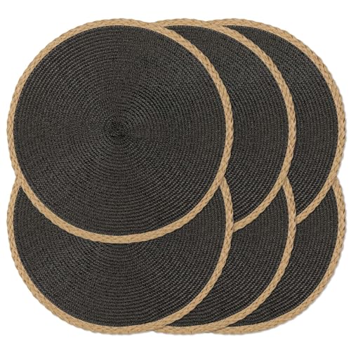 Black Round Placemats Set of 6 - Woven Table Mats with Thin Edge