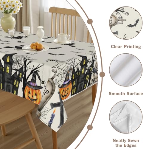 Halloween Tablecloth 60×84 Inch Rectangular Witch Spiderweb Pumpkin Fest Water-Resistant Fabric