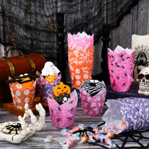 Halloween Cupcake Liners Set - 200 Tulip Shaped Baking Cups with Pumpkin Ghost Bat Designs