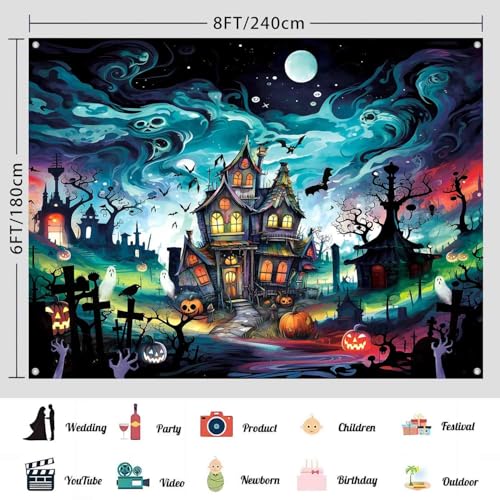 Halloween Backdrop 8x6ft Haunted Graveyard Photo Background for Kids - Black & Colorful