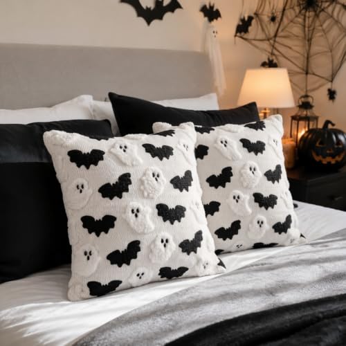 Halloween Throw Pillow Covers Set of 2 Ghost and Bat Design 18x18 Inches