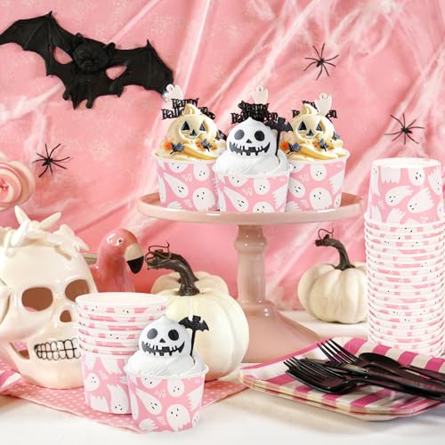 Ghost Halloween Snack Cups - Pink Cute Disposable 9oz Bowls, 50 Pack