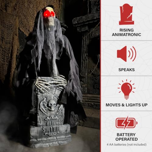 3 Ft Reaper with Tombstone Halloween Animatronic - Rising Haunted Ghost, Touch Activated, Glowing Eyes, Indoor Outdoor Decor