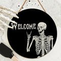 Halloween Skull Welcome Wreath Door Sign - Rustic Wooden Holiday Decor