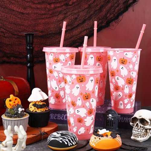Pink Halloween Plastic Cups with Lids & Straws 24oz - Ghost & Pumpkin Design, Reusable Party Cups