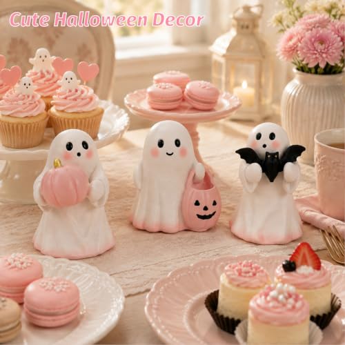 Pink Halloween Ghost Decor Set - 3 Mini Resin Figurines with Pumpkin Bat and Candy Bowl