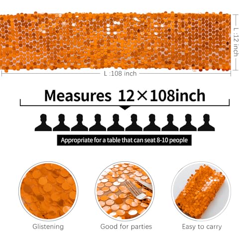 12x108 Inch Orange Sequin Table Runner - Premium Big Payette Glitter Banquet Decor